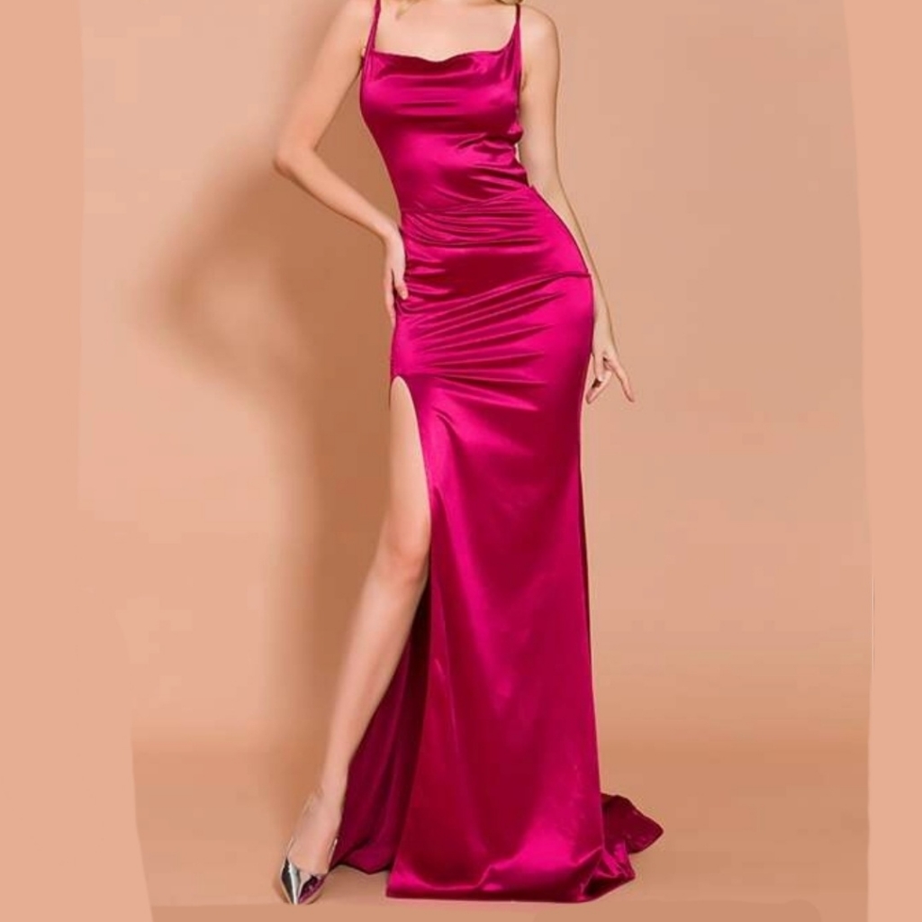 Pink Lace Up Backless Split Thigh Satin Cami Dress Evening Gown Size Small